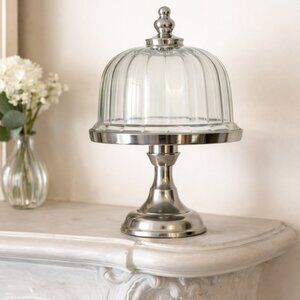 Handblown Fluted Glass Cloche Dessert Cake Stand w/ Chrome Pedestal & Finial Lid
